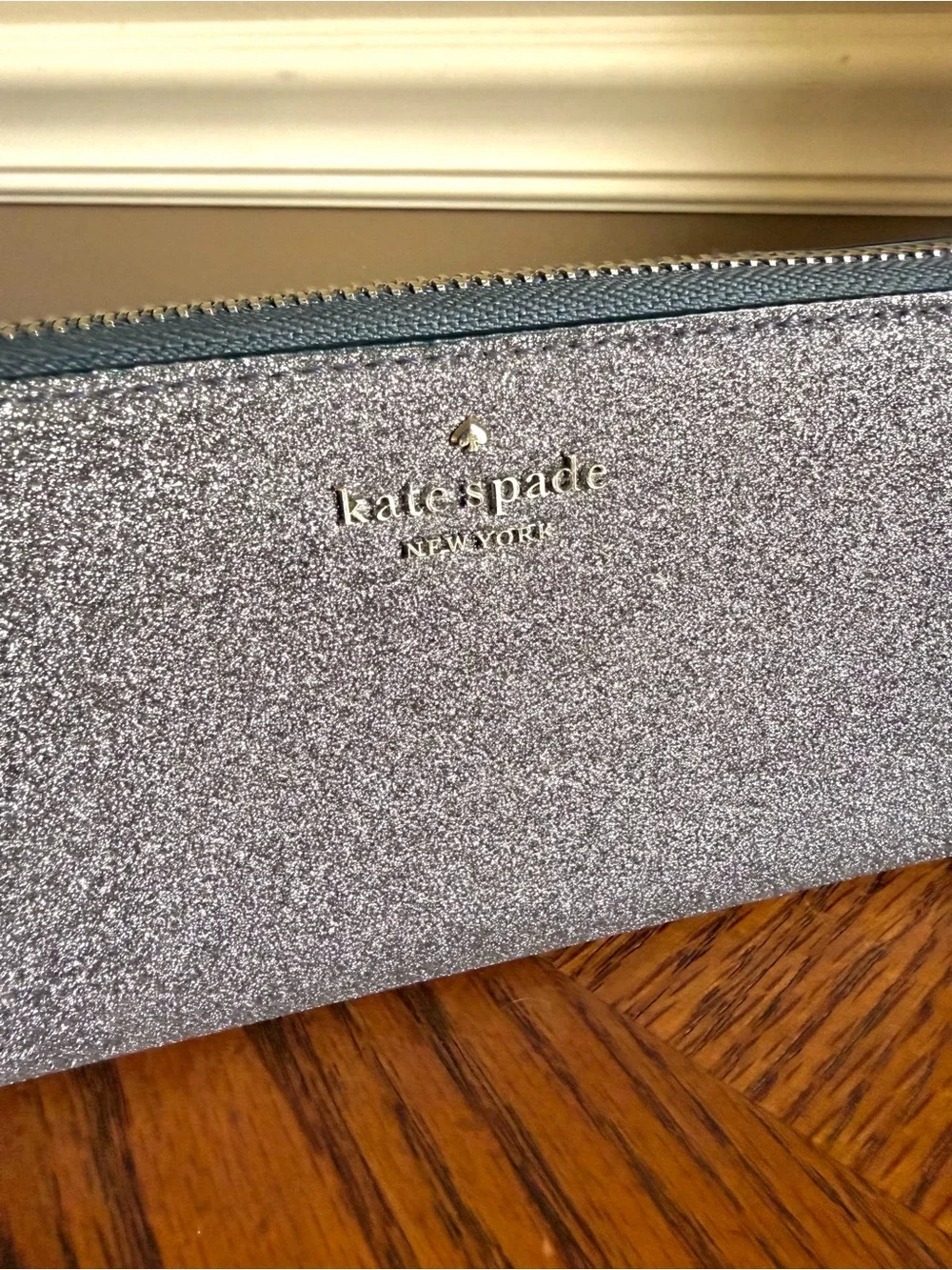 kate spade Lola Dusk Navy Glitter Zip Wallet with silver undertones like new